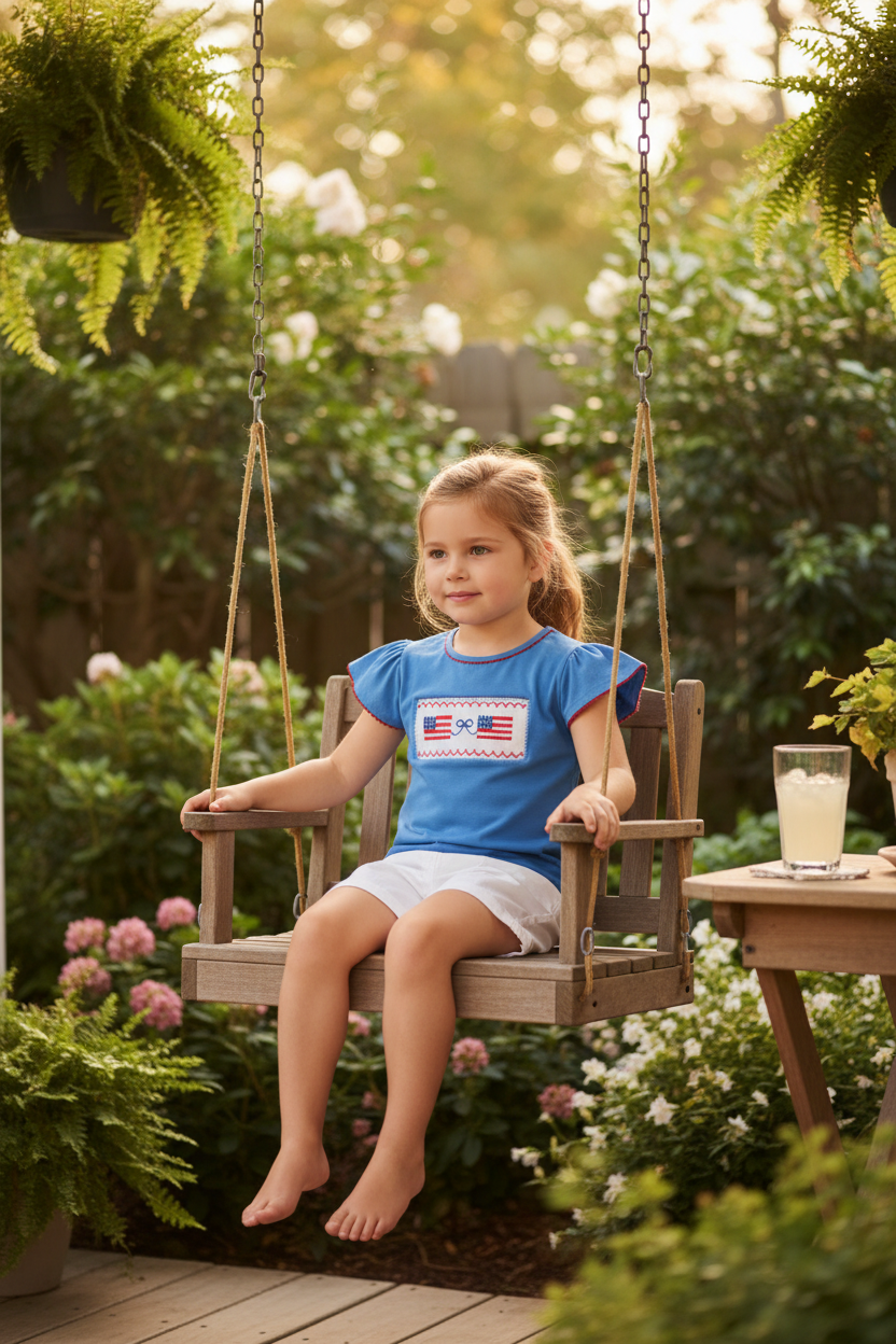 Girl's Smocked Flags T-Shirt - Porch Setting